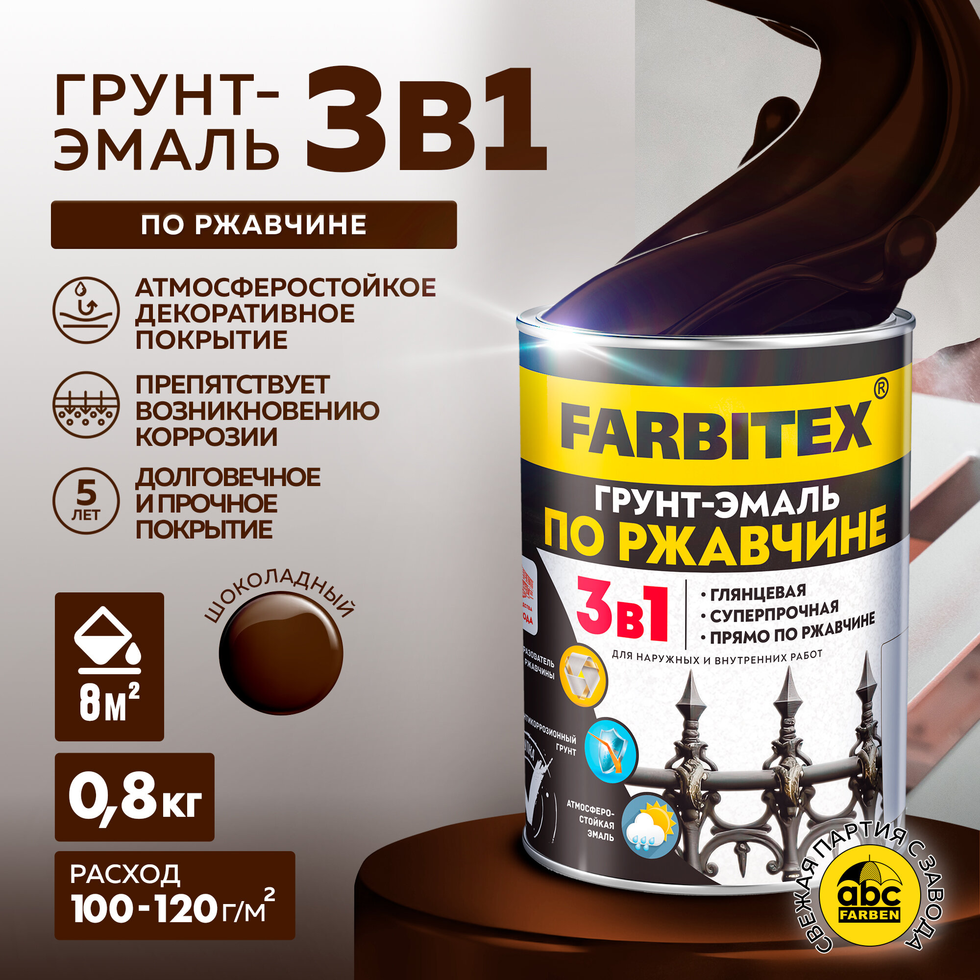 Грунт-эмаль по ржавчине 3 в 1 FARBITEX Серый 5 кг