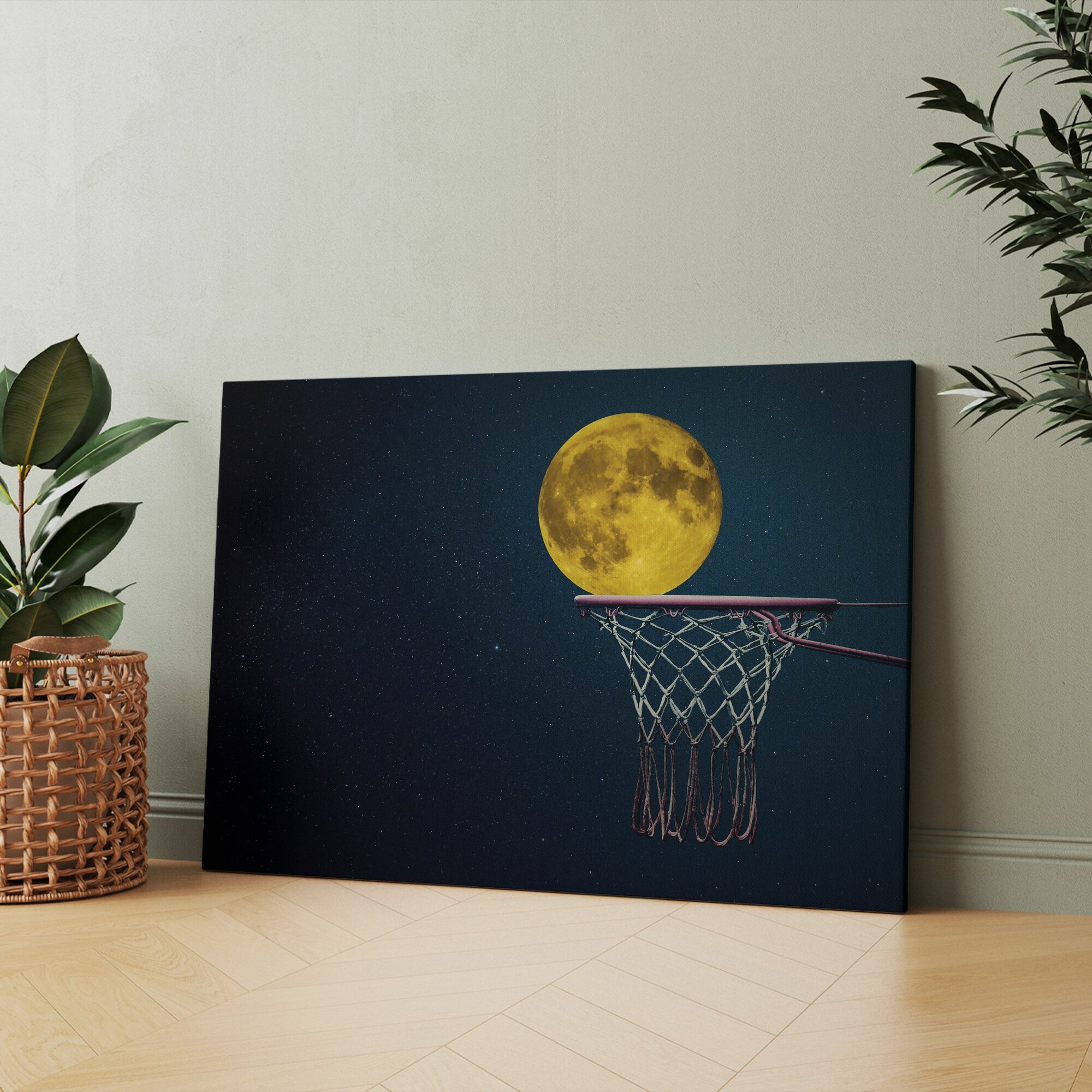Картина на холсте "Баскетбольное кольцо на фоне полной луны" 40x60 см. Интерьерная, на стену.