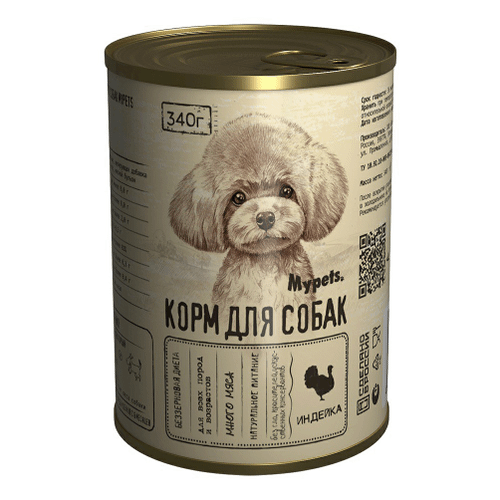 Влажный (консервированный) корм Mypets для собак - Индейка (1 банка - 340 гр)