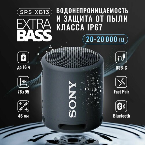 портативная колонка с bluetooth wster ws 620 extra bass Беспроводная колонка Sony SRS-XB13, мощная блютуз маленькая, BT 4.2, влагозащита IP67, время работы 16 ч, черная