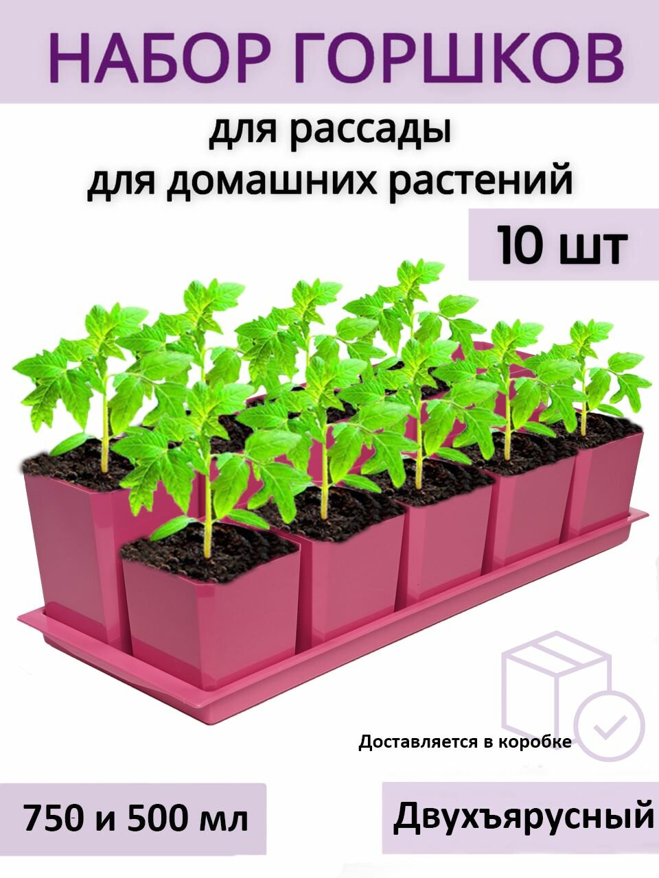 Горшки для рассады и цветов двухъярусные - 10 шт (по 5 шт 750 и 500 мл) на общем поддоне, французская роза