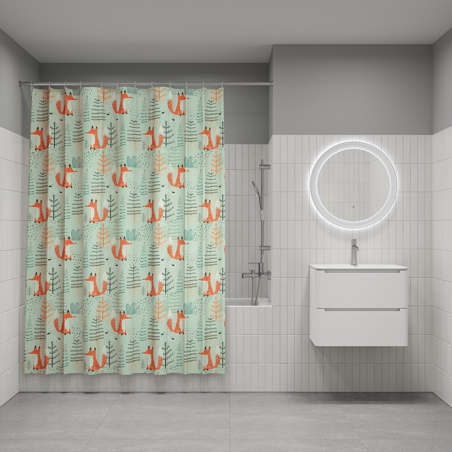 Штора для ванной IDDIS Base BA04P18i11 180x200 см тканевая водонепроницаемая с кольцами зеленая детская с лисичками