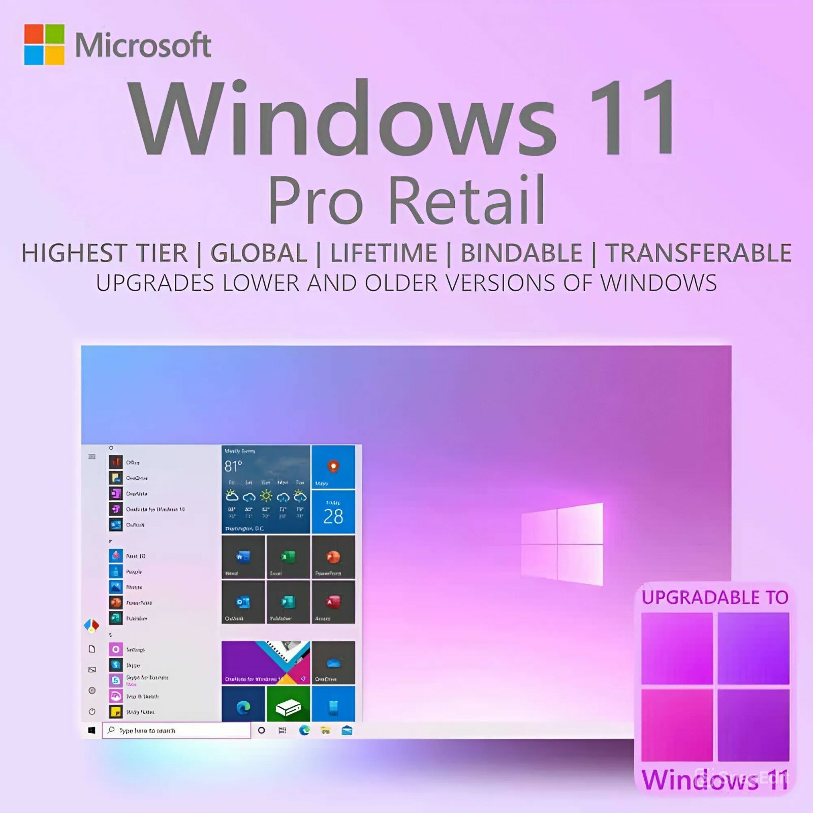 Бессрочный ключ активации Microsoft Windows 11 Pro Retail, электронный ключ для пк/ноутбука