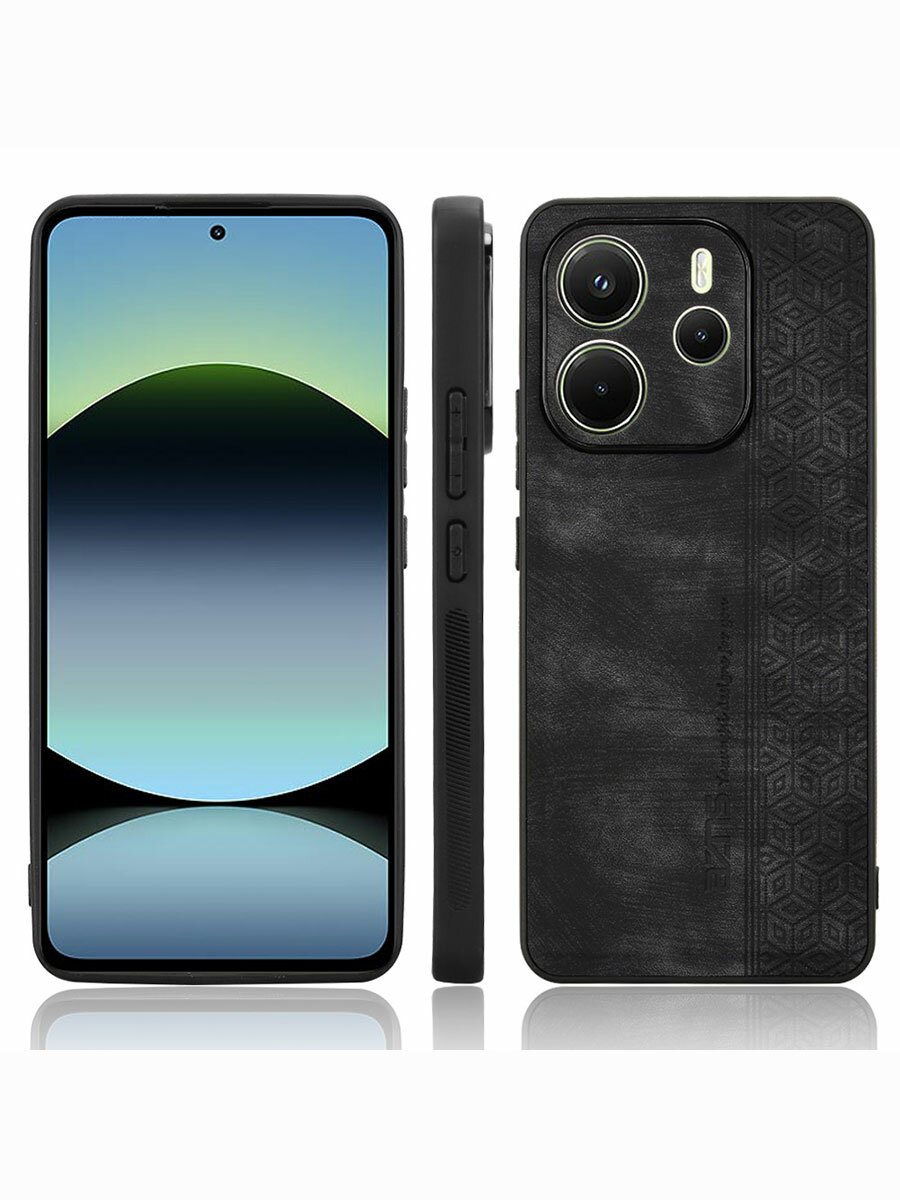 Защита Для Ноутбуков Xiaomi Чехол для Xiaomi Redmi Note 14 (4G) кожаный с тиснением / Сяоми Редми Ноут 14 4G с защитой камеры (черная)