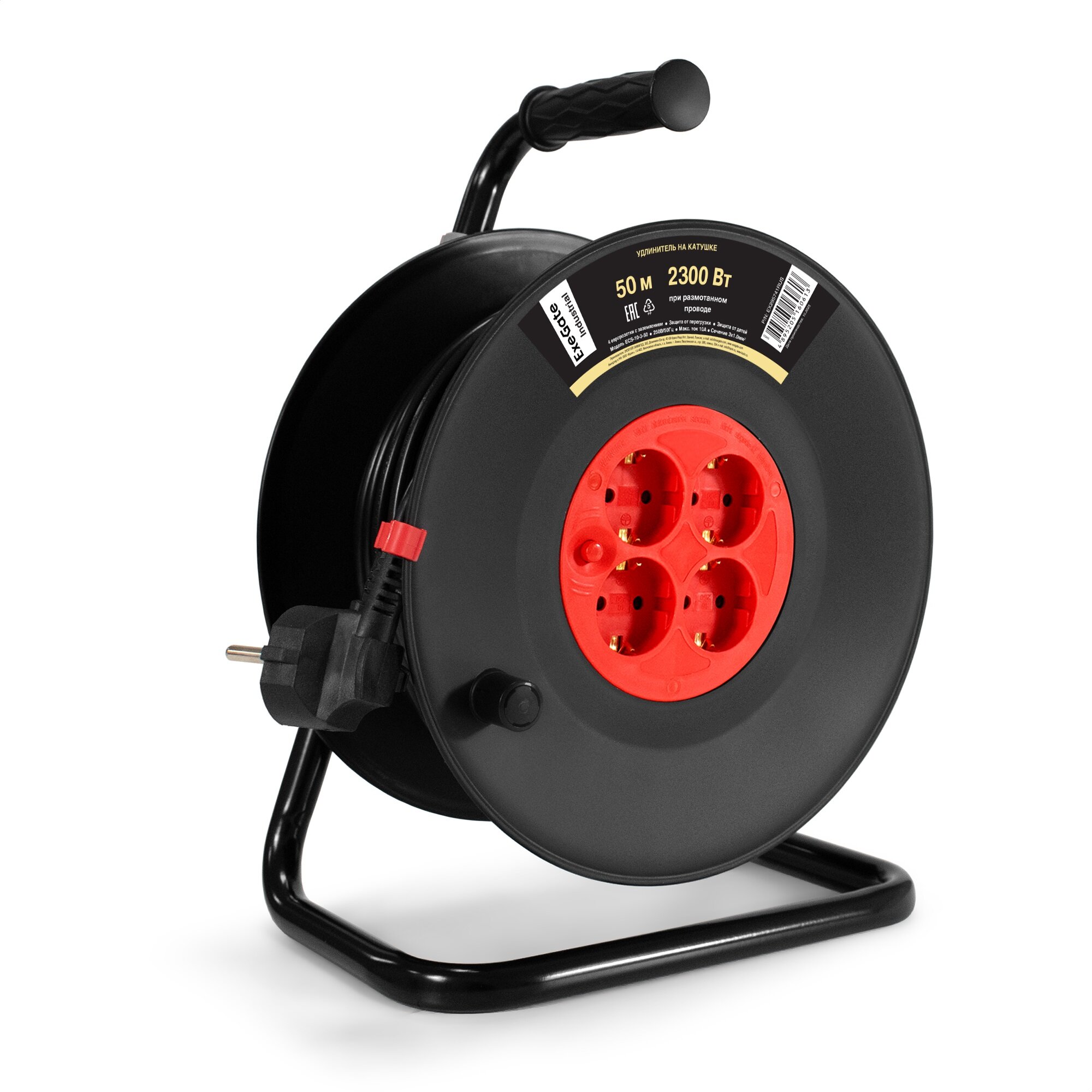 Удлинитель на катушке ExeGate industrial ECS-10-3-50 (4 евророзетки с заземлением IP20 50м защита от детей защита от перегрузки 3х10мм2 10А/2.3кВт) EX295741RUS