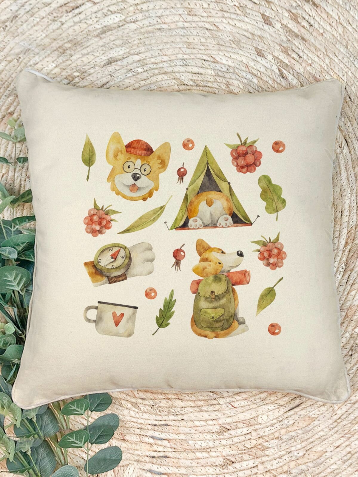 Наволочка для декоративной подушки Gerasim "Корги пошел в поход", 41х41 см, эко-ткань хлопок/полиэфир