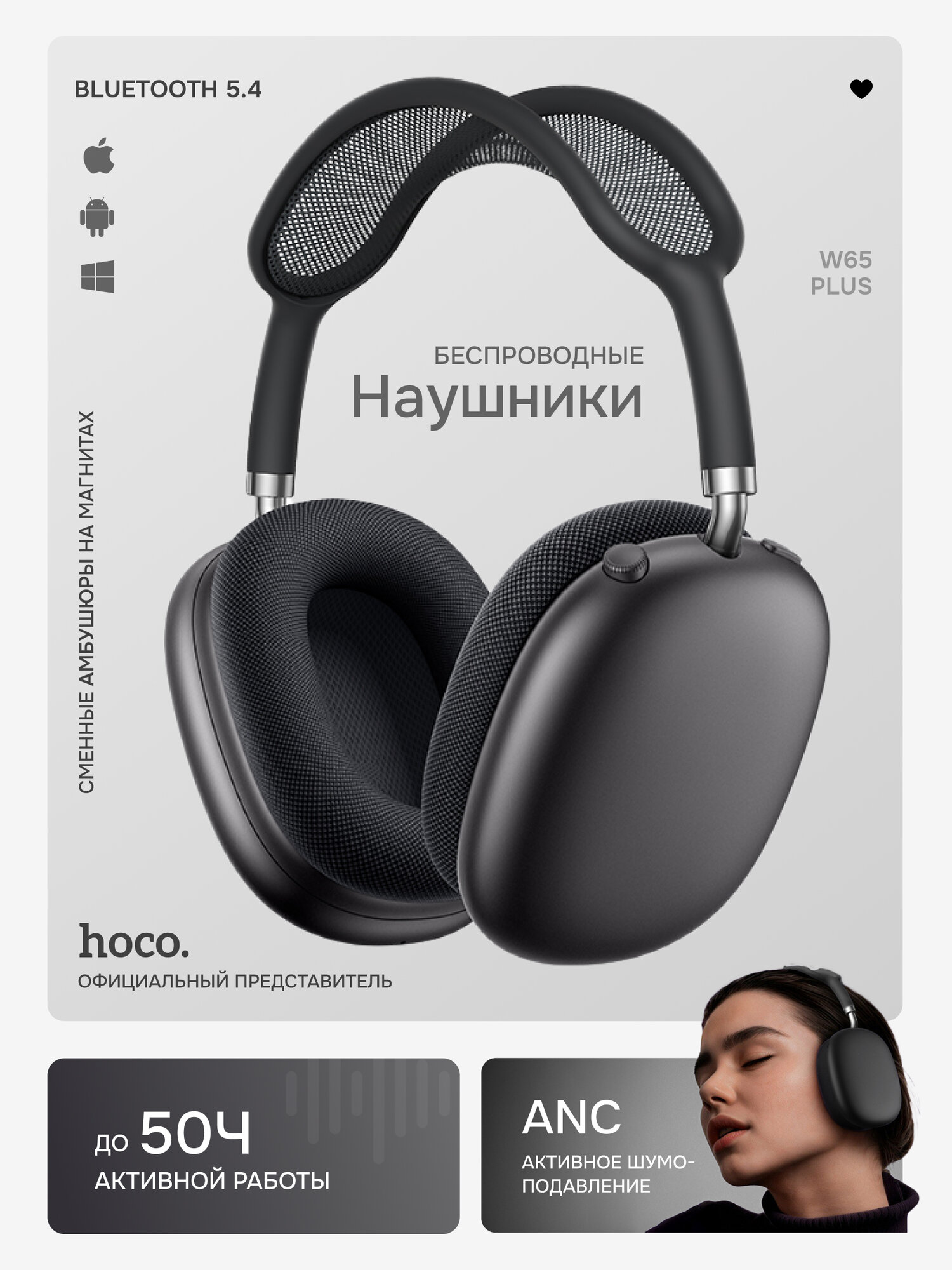 Беспроводные наушники Hoco Happy ANC W65 Plus, с шумоподавлением, Bluetooth, space gray — фото 1