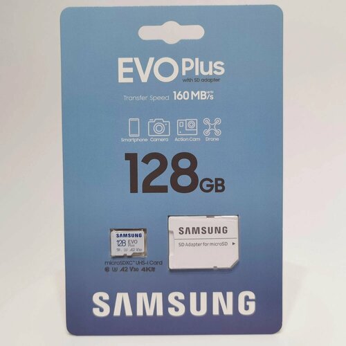Карта памяти Samsung EVO Plus 128GB micro SDXC UHS-I класс 10 U3 A2 V30 4K UltraHD + SD Адаптер