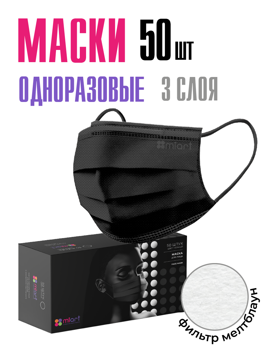 Маски медицинские одноразовые для лица MIART 50 шт черные трехслойные с фильтром мелтблаун для взрослых и детей набор гигиенических защитных масок