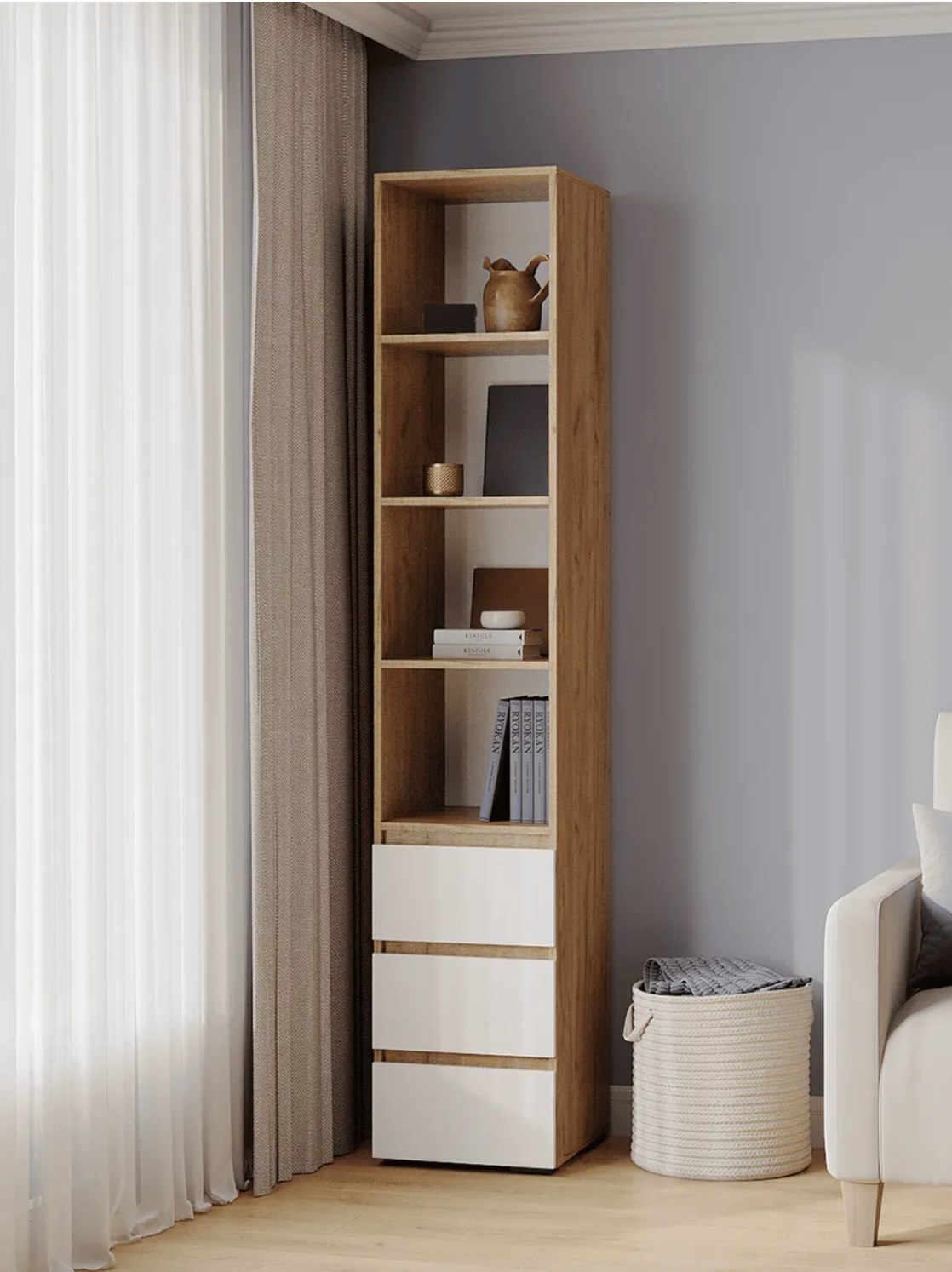 Хелен ПН 02 Пенал открытый (0400х2100х0460) белый/дуб крафт золото