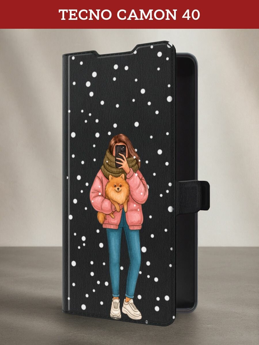 Чехол-книжка на Tecno Camon 40 / Текно Камон 40 с рисунком Селфи со шпицем, черный