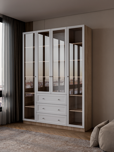 Изображение товара Шкаф распашной Фрея| Корпус ЛДСП Дуб сонома| Фасад Рамка Белый | Стекло прозрачное