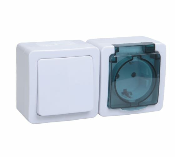 фото Блок ОП выключатель 1-кл. и розетка с заземл. контактом и крышкой для открытой установки бел. клавиша/дымчатая крышка IEK EBGMP20-K03-31-54-EC
