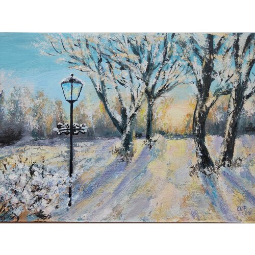 Авторская картина акрилом Фонарь в зимнем парке в единственном экземпляре размер А4 1350₽