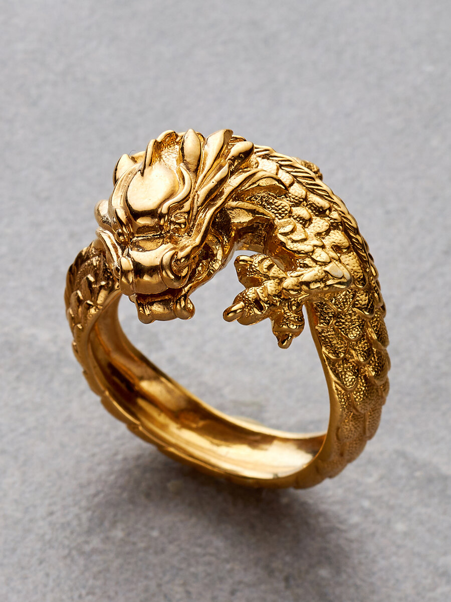 Кольцо обручальное Кольцо серебряное с позолотой Дракон широкое серебро, серебро, 925 проба, золочение