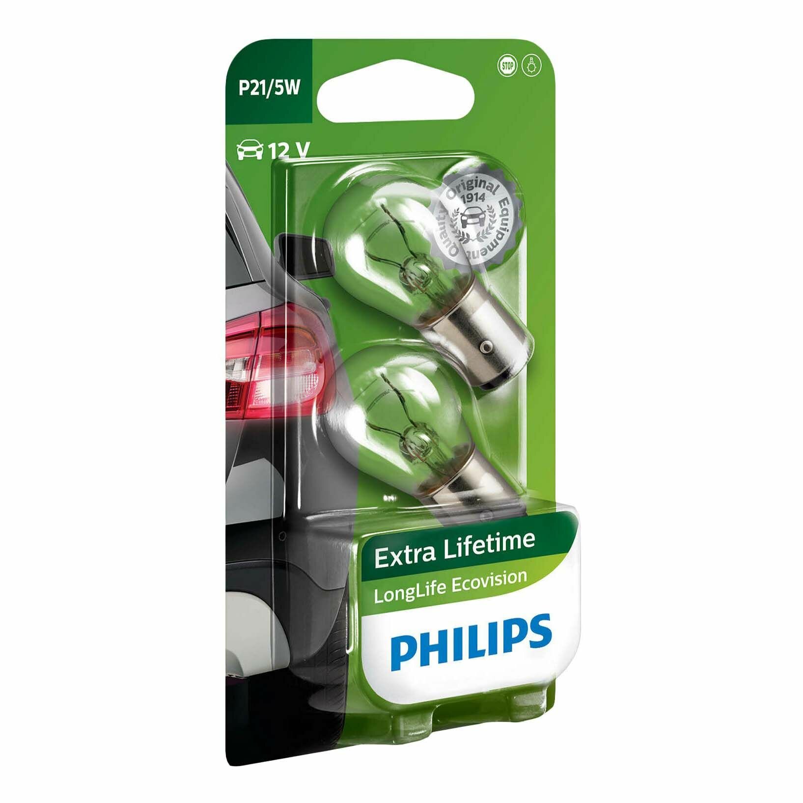 Лампа автомобильная накаливания Philips LongLife EcoVision 12499LLECOB2 P21/5W 5W BAY15d 2 шт.