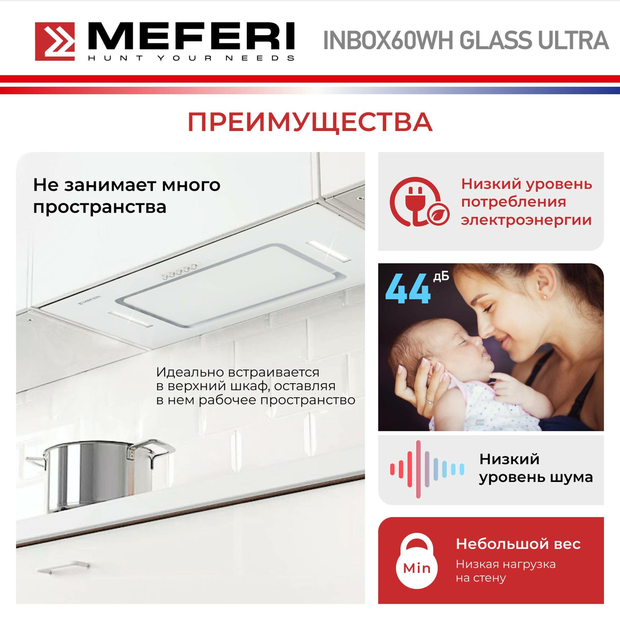 Полновстраиваемая вытяжка MEFERI INBOX60WH GLASS ULTRA, белый - фотография № 4