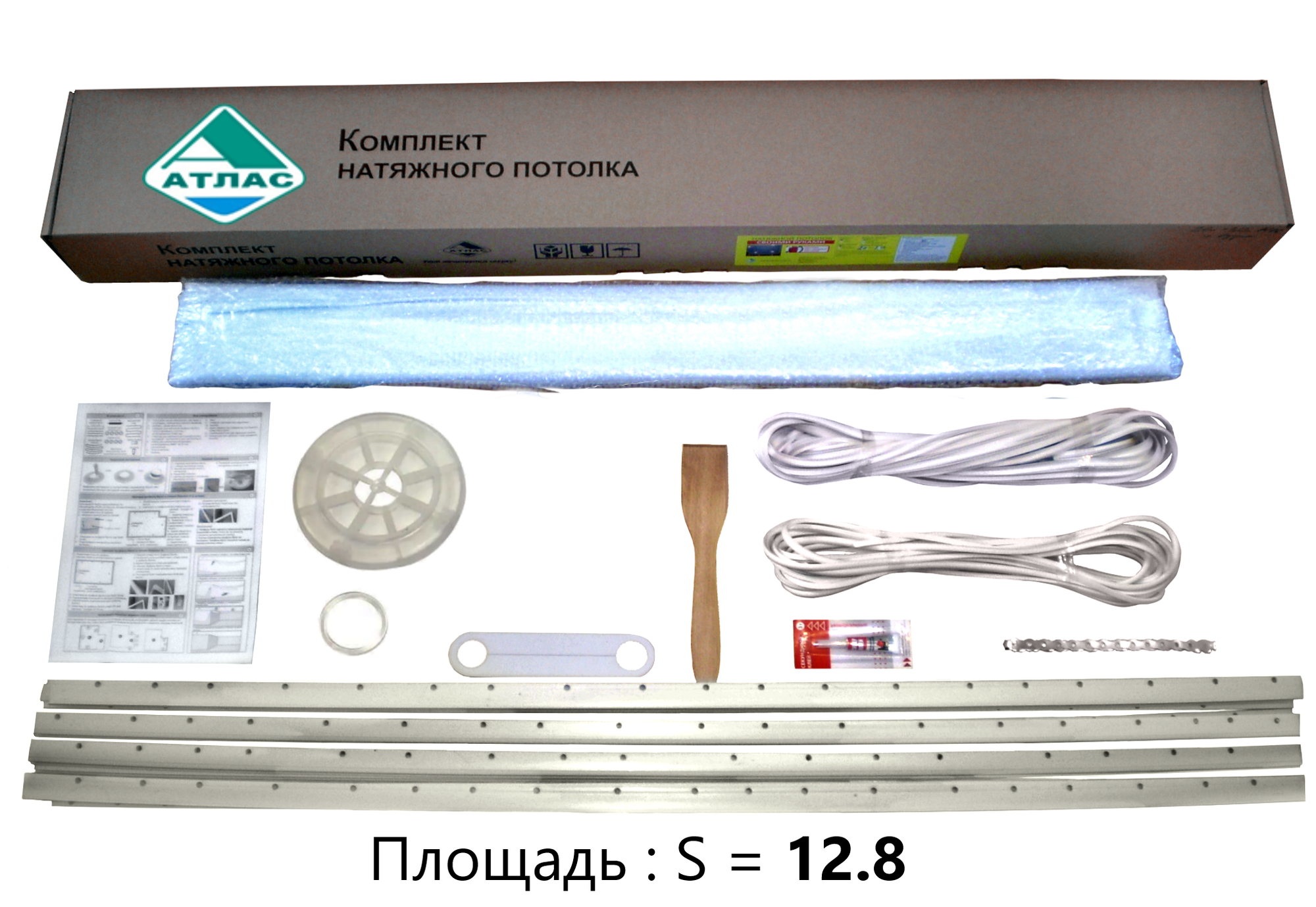 Комплект натяжного потолка "Атлас" № 12 для комнаты до 310*380 см - полотно в наборе ( 32 м * 40 м ) белое  матовое.