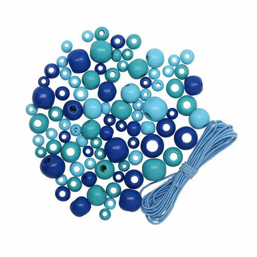 Бусины для рукоделия деревянные со шнуром набор Голубой микс, 6,8,10,12мм, 90 шт, Astra &Craft (160815)