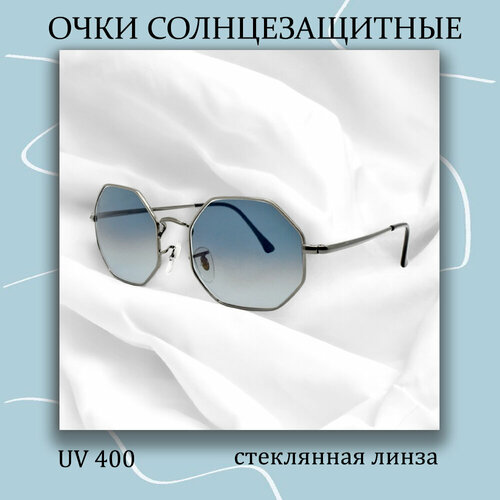 Солнцезащитные очки  Металлическая оправа фигурной формы со стеклянными линзами, голубой, серый