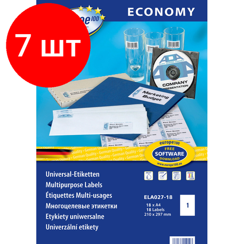 Комплект 7 упаковок, Этикетки самоклеящиеся Europe ELA027-18, 210х297мм, на листеА4 18 л/уп.