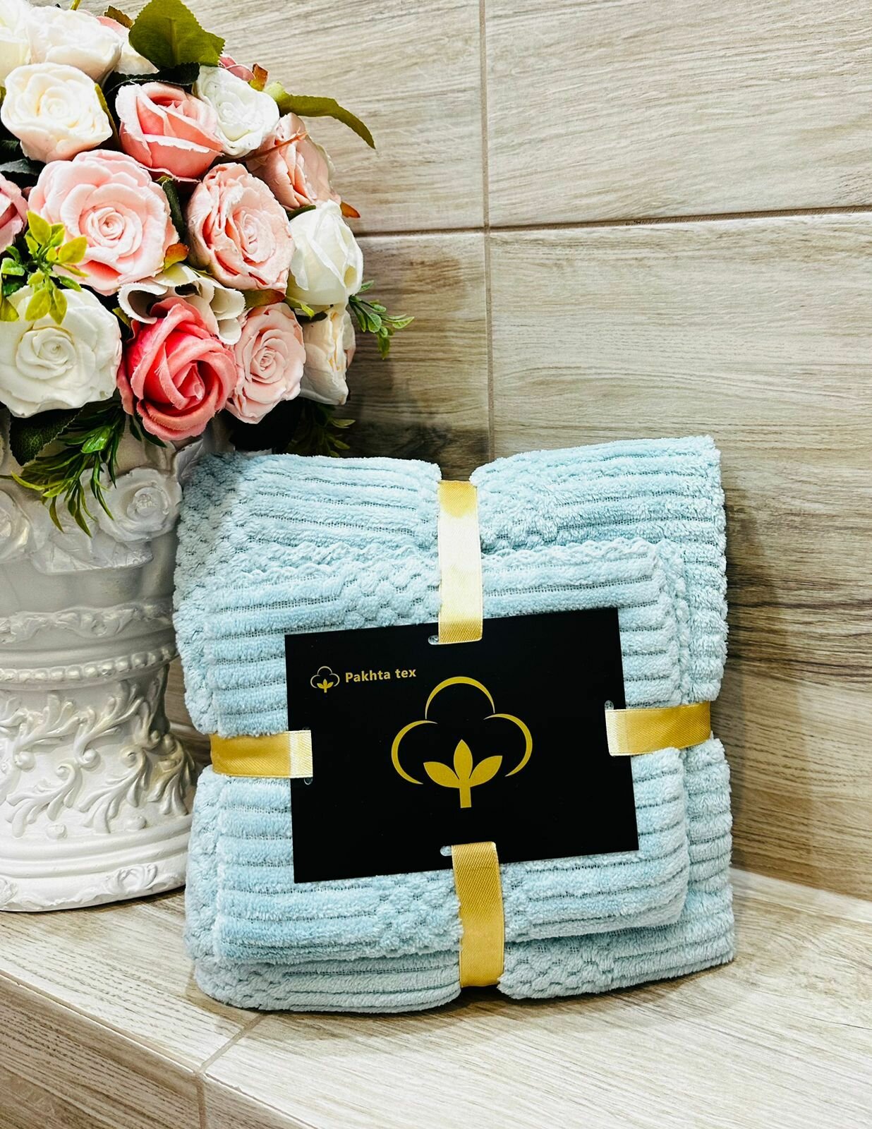 фото Набор из двух полотенец из микрофибры PakhtaTex с узором (60x125, 30x60), светло-голубой