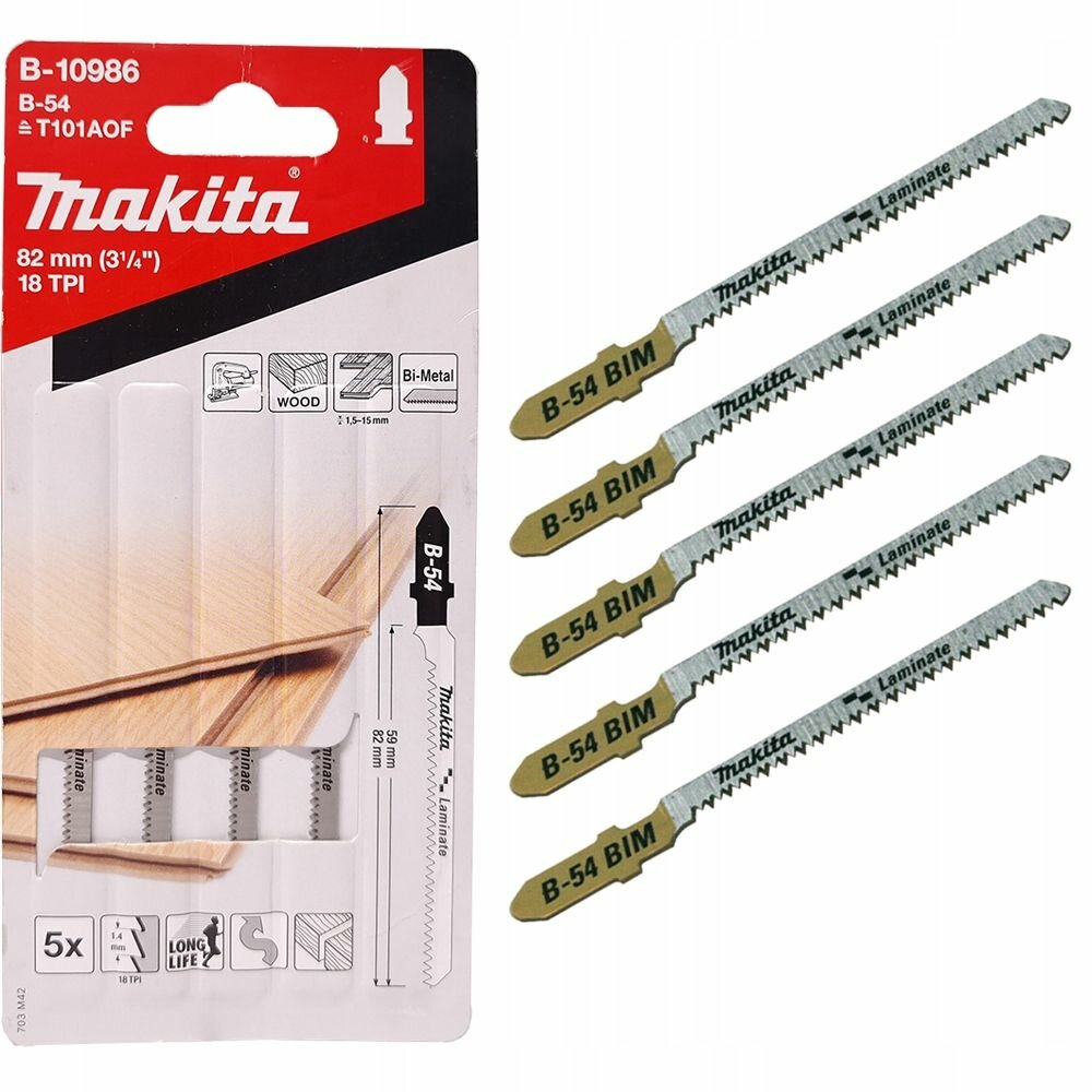 фото Пильное полотно Makita B-10986, для лобзика, 82 мм, 59 мм рабочая, шаг 1.4, T 101, 5 шт.