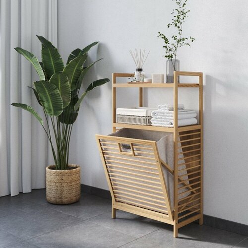 Этажерка для ванной из бамбука, Стеллаж для хранения с корзиной для белья Bambuchka, 50x30x95 см