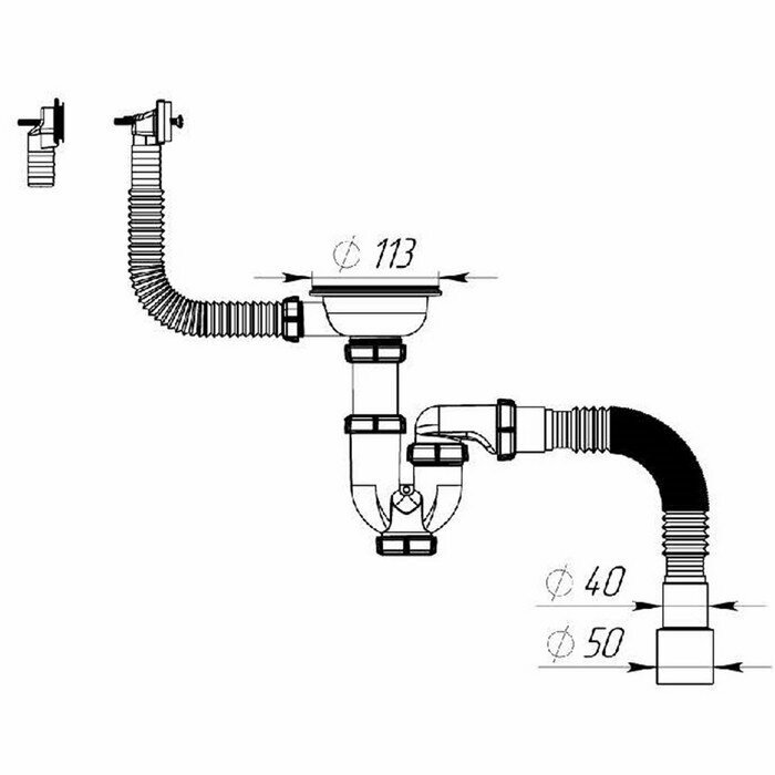 Сифон для мойки Aquant, 3 1/2"х40 мм, прямоуг/кругл перелив, с гофрой, прямоточный, чёрный 10359394