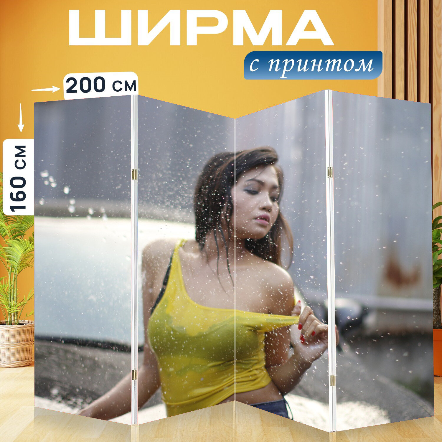 Ширма перегородка с принтом "Женщина, модель, дождь" на холсте - 200x160 см. для зонирования, раскладная