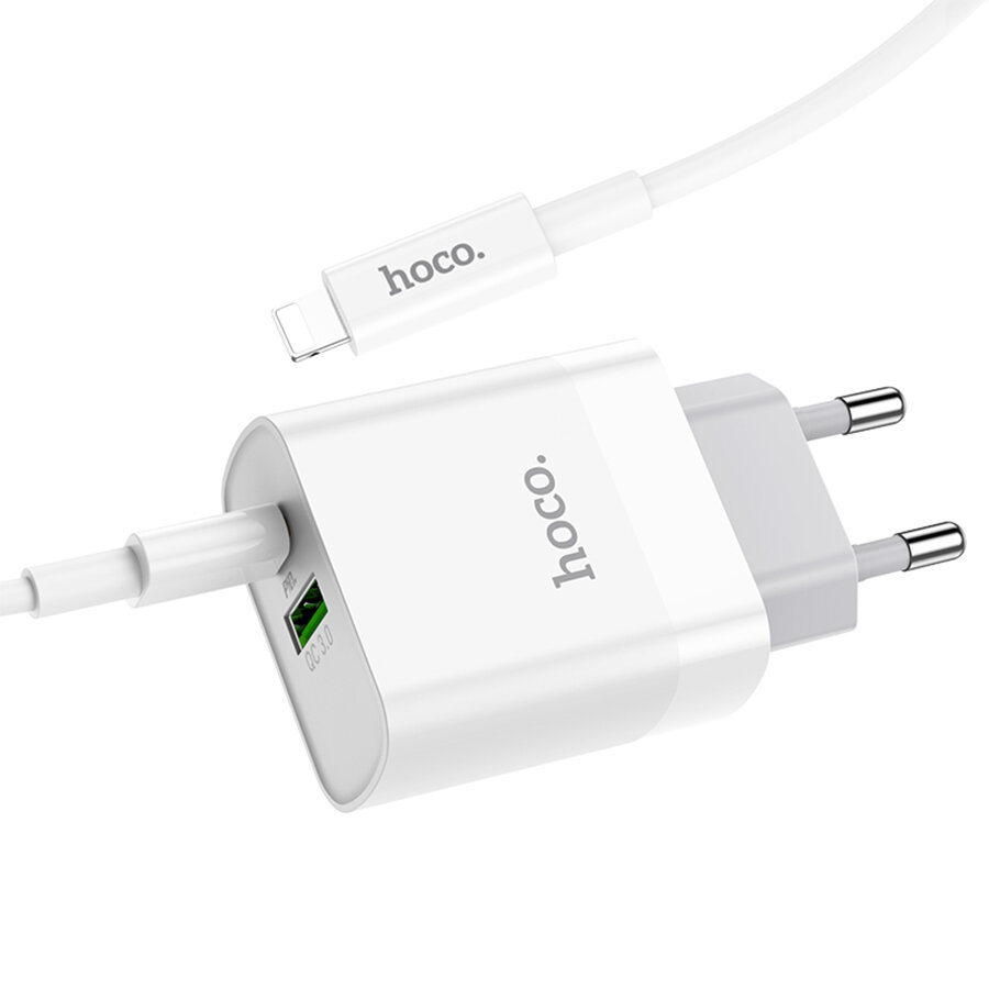 Сетевое зарядное устройство HOCO C80A Rapido 1xUSB + 1xUSB-C с Кабелем Type-C - Lightning, 3.1A, 20W, белый — фото 1
