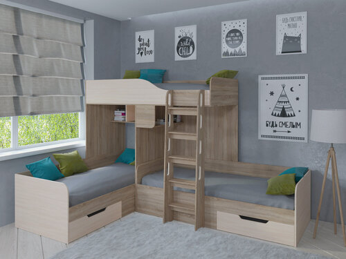 Изображение товара Кровать двухъярусная трехместная трио сонома/дуб