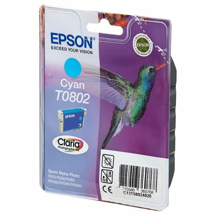 Картридж Epson C13t0802, 7,4 мл, голубой, 855стр