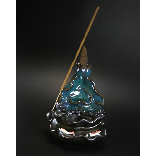 Подставка Рыбки в лотосе - 12 см, цвет черно-зеленый, керамика - для благовоний стелющийся дым, конусов пуля