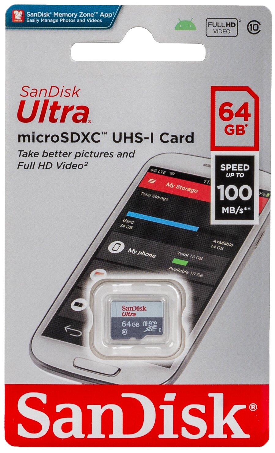 Карта памяти SanDisk microSDXC 64 ГБ Ultra UHS-I (100 Mb/s) SDSQUNR-064G-GN3MN без адаптера