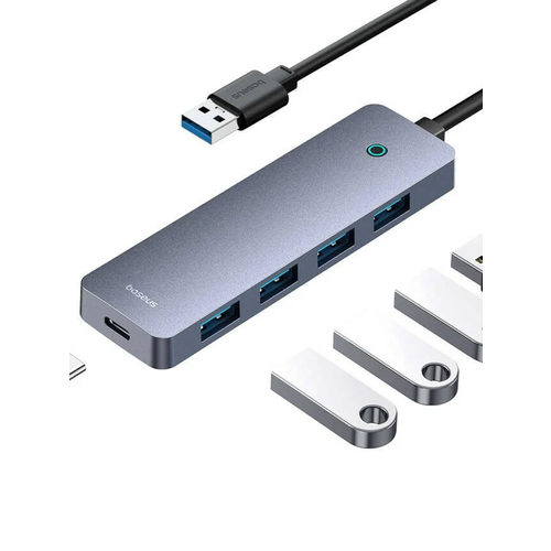 Хаб концентратор Baseus UltraJoy Series 4-Port HUB Lite 15см Серый космос (USB-A - USB 3.0*4+USB-C 5V) B0005280B811-10 серебристый, серый