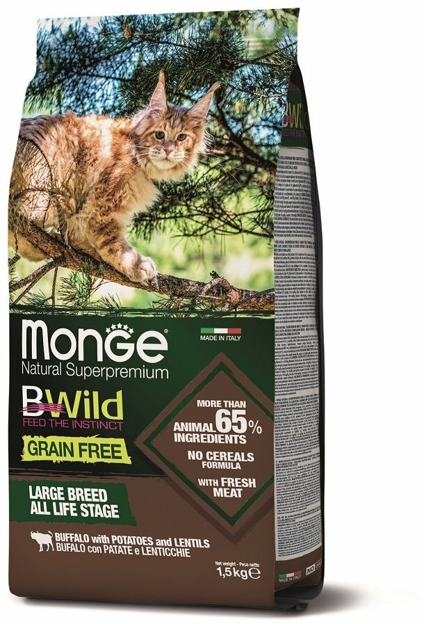 Monge PFB Cat BWild Grain Free Сухой беззерновой корм для крупных кошек, мясо Буйвола 10кг