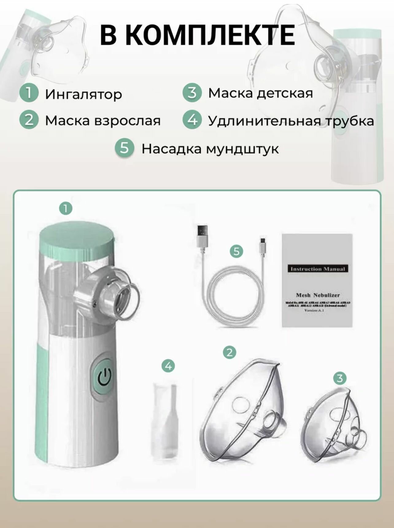 Изображение Ингалятор небулайзер портативный с 3-я насадками бесшумный ультразвуковой для детей и взрослых, для носа и горла на батарейках