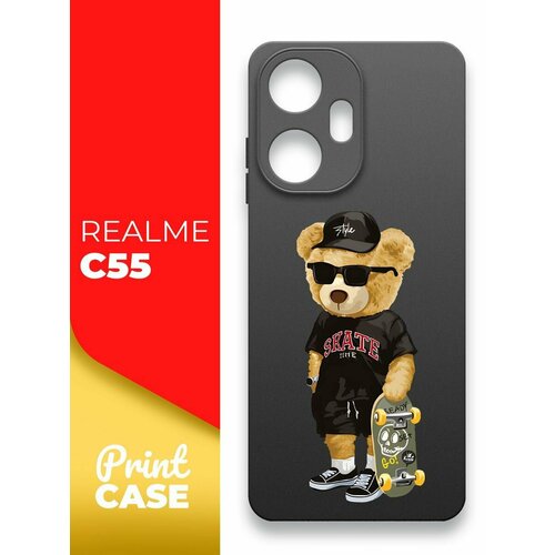 Чехол на Realme C55 (Реалми С55) черный матовый силиконовый с защитой (бортиком) вокруг камер, Miuko (принт) Мишка Скейт чехол на realme c55 риалми с55 синий матовый силиконовый с защитой бортиком вокруг камер miuko