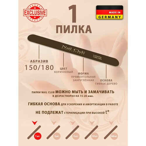 Nail Club professional Маникюрная пилка для опила ногтей серия Luxury, форма узкая прямая, абразив 150/180, 1 шт.