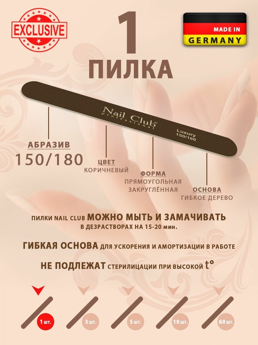 Nail Club professional Маникюрная пилка для опила ногтей серия Luxury, форма узкая прямая, абразив 150/180, 1 шт.