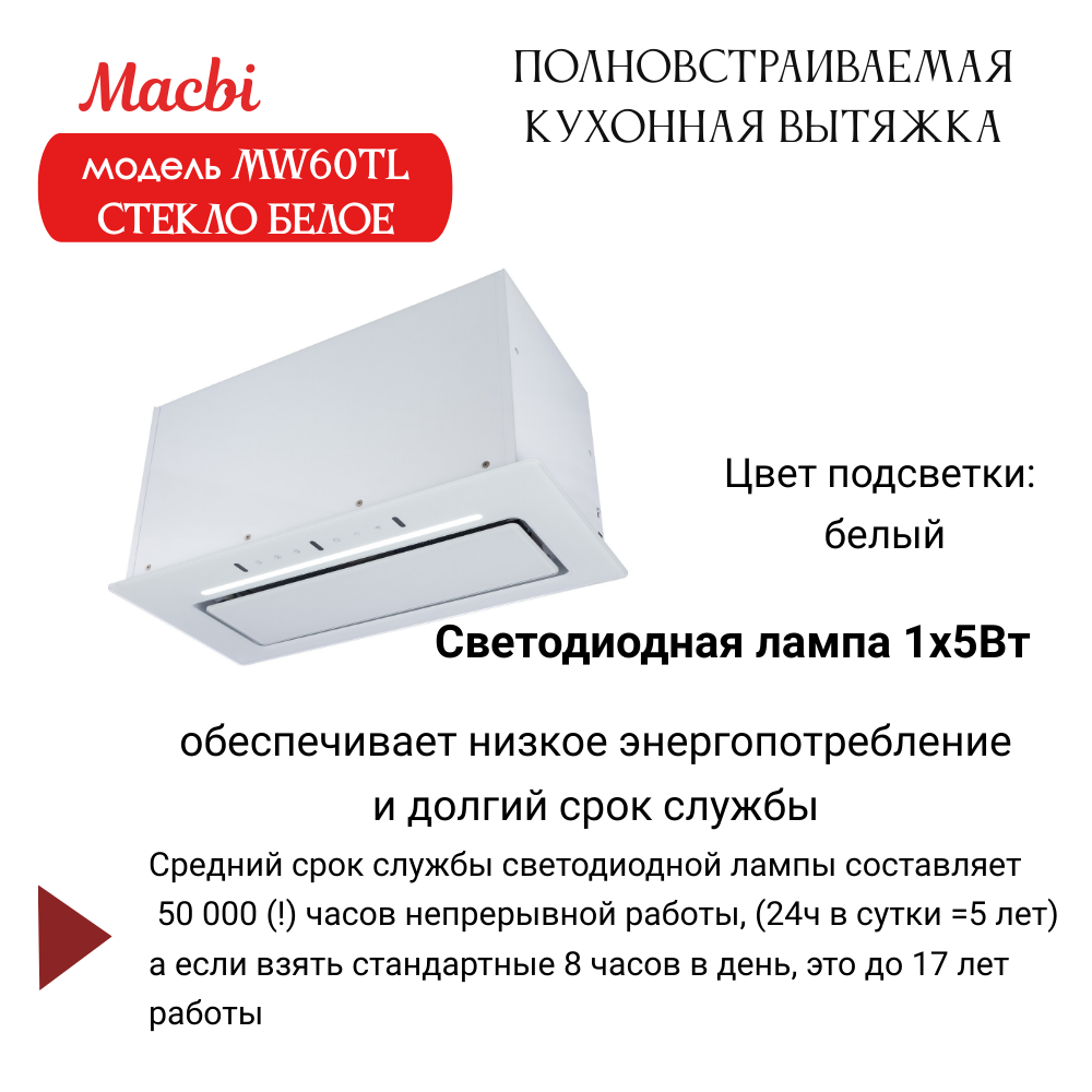 Вытяжка кухонная MACBI встраиваемая MW60TL WHITE 1200м3/ч Белая (управление жестами) - фотография № 4