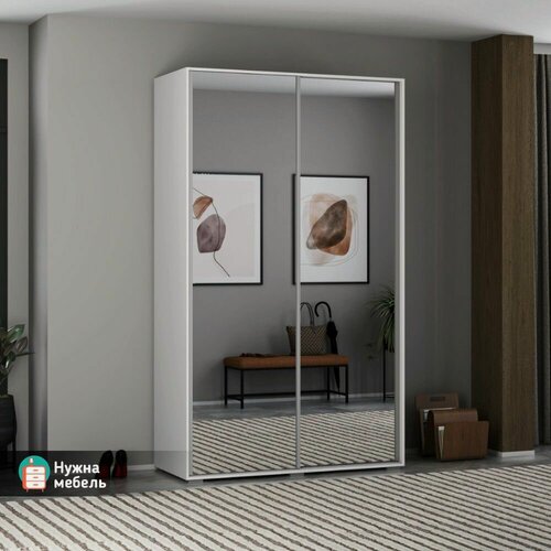 Изображение товара Шкаф-купе для одежды двухстворчатый с зеркалами, Модель Бакс 17 с полками и продольной штангой, Белого цвета, Мебель в спальню, прихожую и гостиную