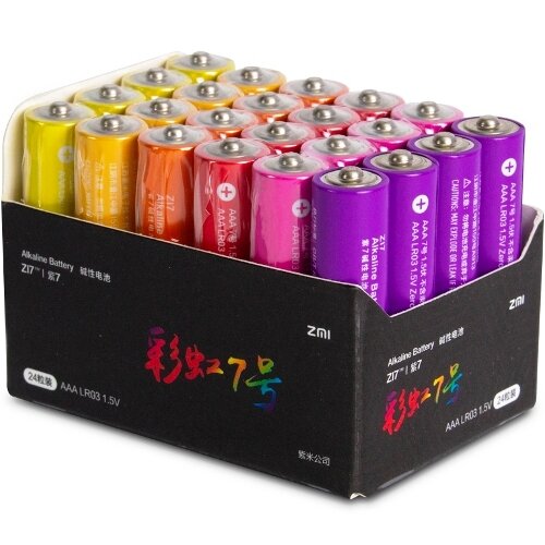 Батарейка AAA щелочная LR3-24BL ZMI Rainbow ZI7 в упаковке по 24 шт, разноцветные, 6 цветов