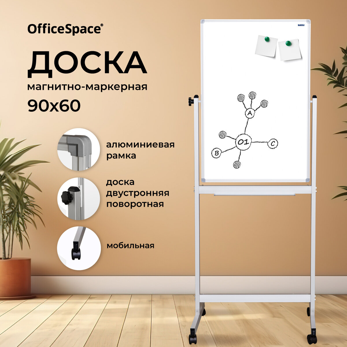 Маркерная доска для рисования магнитная на стену для заметок 90*60 см OfficeSpace, в школу и офис