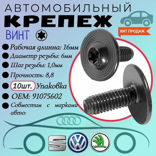 Винт автомобильный. Для автомобилей VAG, VW, Audi (OEM: N91075602). TORX. 6х16мм. Крепеж для автомобилей. (Упаковка10шт)