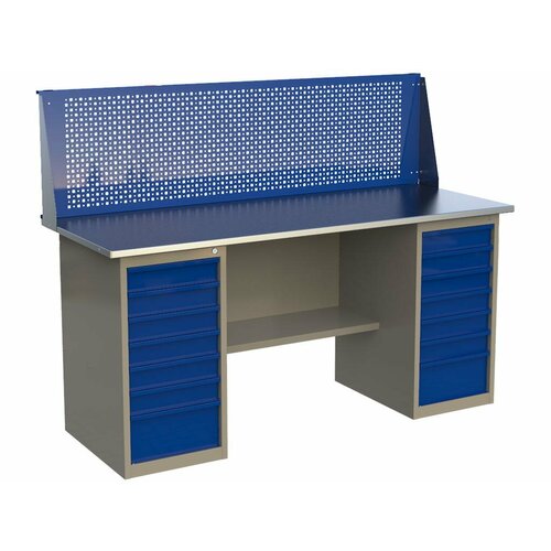 Стол верстак слесарный металлический с 2 тумбами по 7 ящиков, с экраном, 1800 мм, MasterLine, Wellmet ML 1800 ML7/ML7P