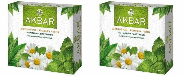 Akbar Чай зеленый в пакетиках Ромашка Мята, 100 пак, 2 упаковки