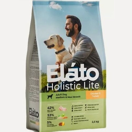 Изображение товара Корм сухой Elato Holistic Lite для взрослых собак средних и крупных пород, с курицей и индейкой, 2,5 кг