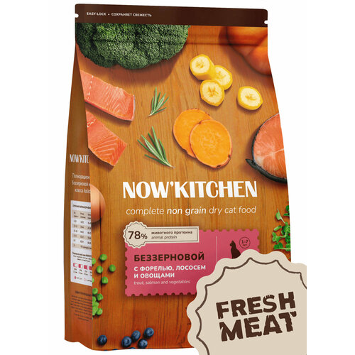 NOW'KITCHEN Беззерновой корм для взрослых кошек со свежей форелью, лососем и овощами, Fresh Grain-free Recipe Trout&Salmon, Adult, 7.26 кг